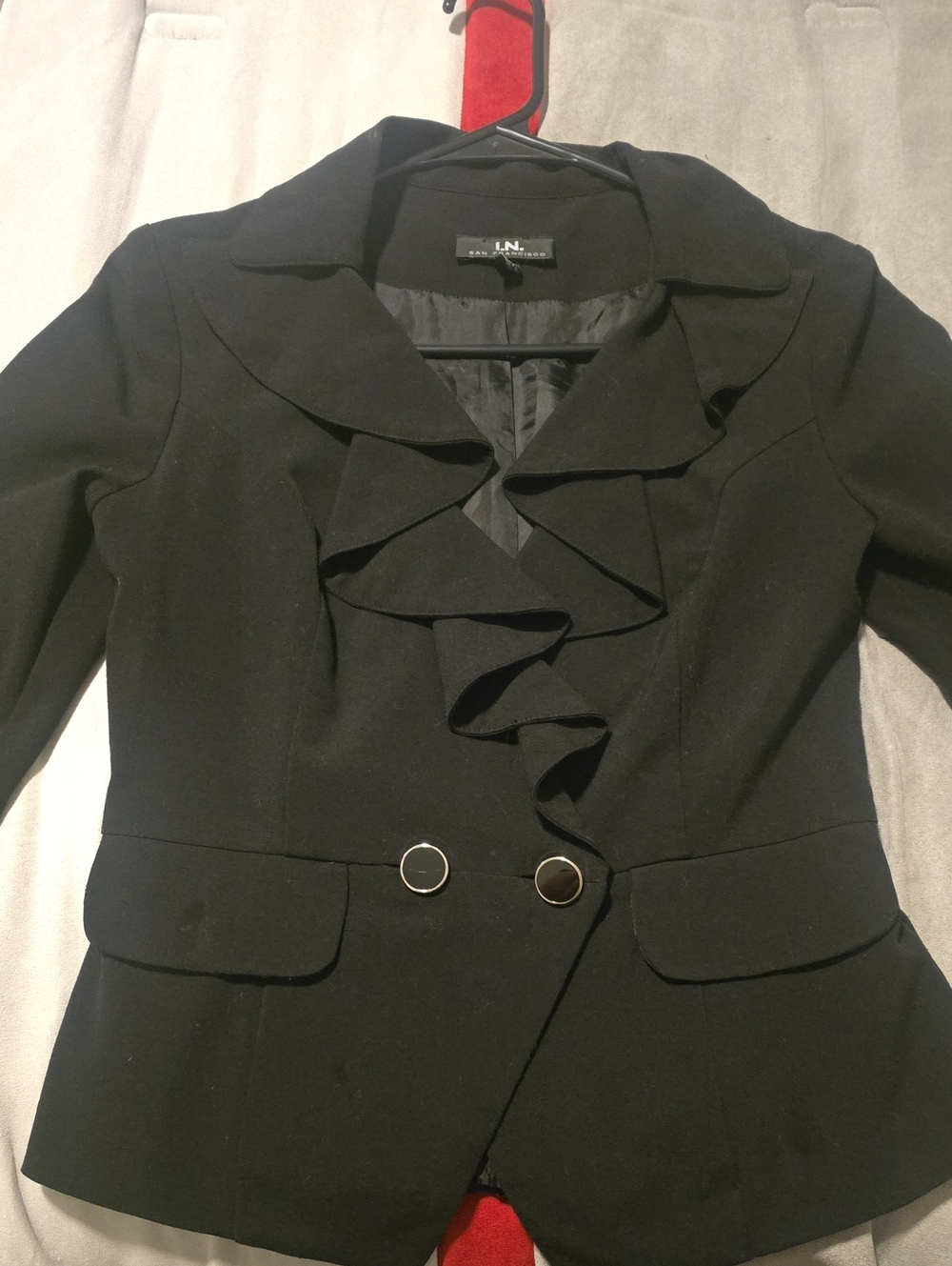 I.N. San Francisco Black Ruffle-Front Blazer with Gold-Tone Buttons